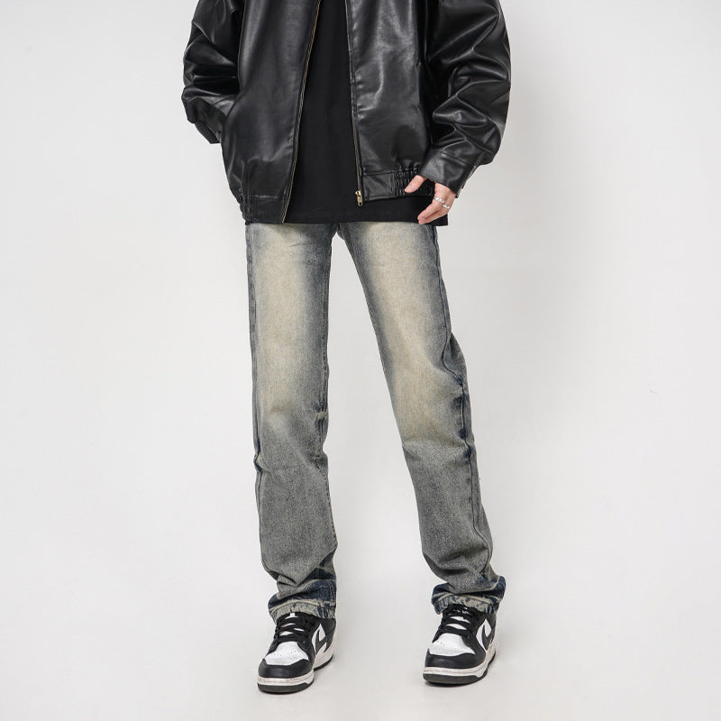 High Street Washed Yellow Mud Dyed Loose Straight Jeans For Men