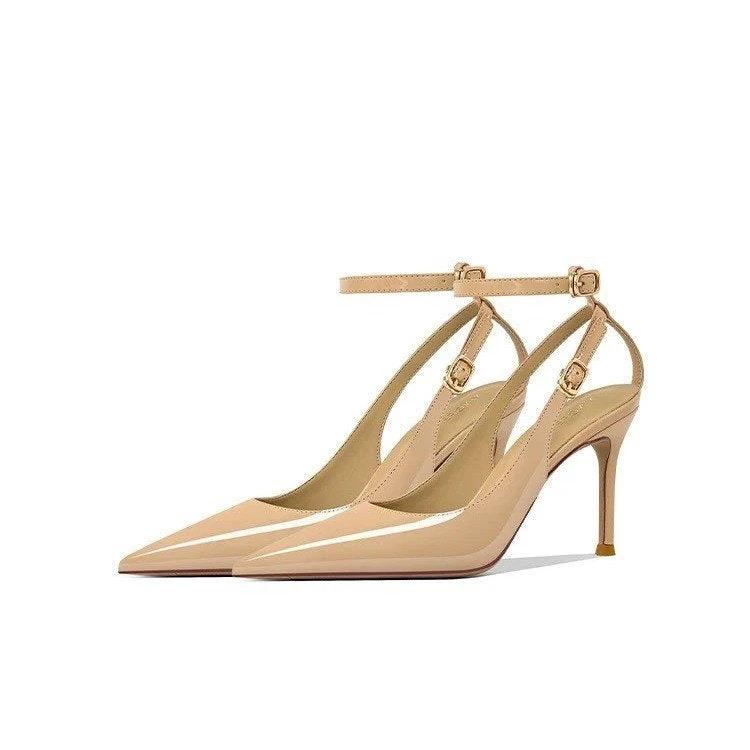 Women's Minimalist European & American Style Pointed Toe Patent Leather Stiletto Sandals, Ankle Strap, Slim Fit, Sexy Nightclub Shoes by GJG Denim