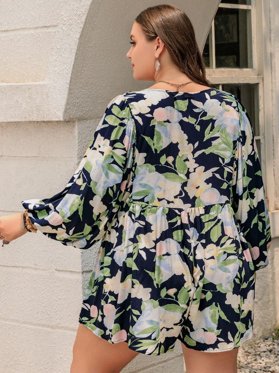 Plus Size Tied Printed Long Sleeve Romper by Lady Ros