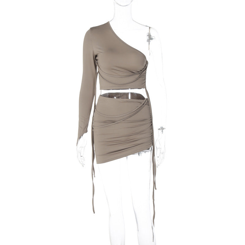 One Shoulder Midriff-baring Top Side Drawstring Skirt Set