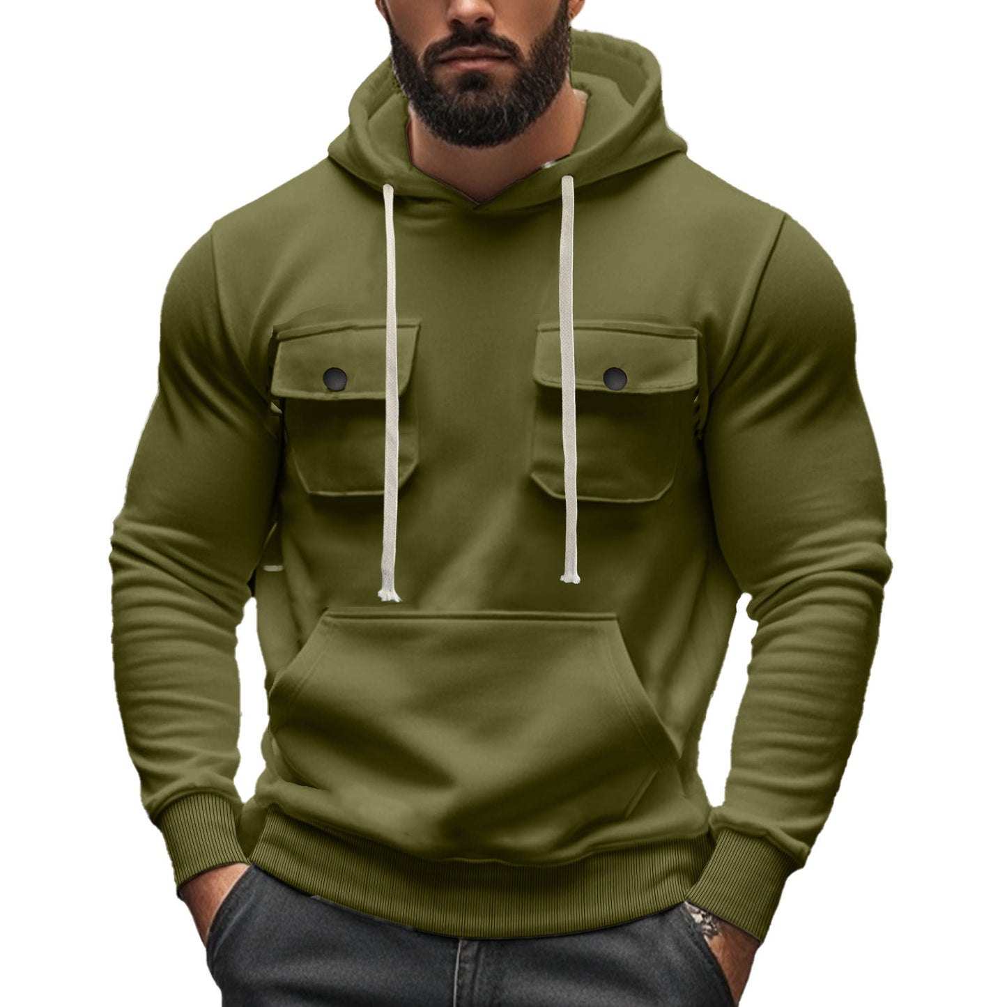 Men's  Multi-pocket Long Sleeve Solid Color Hoodies