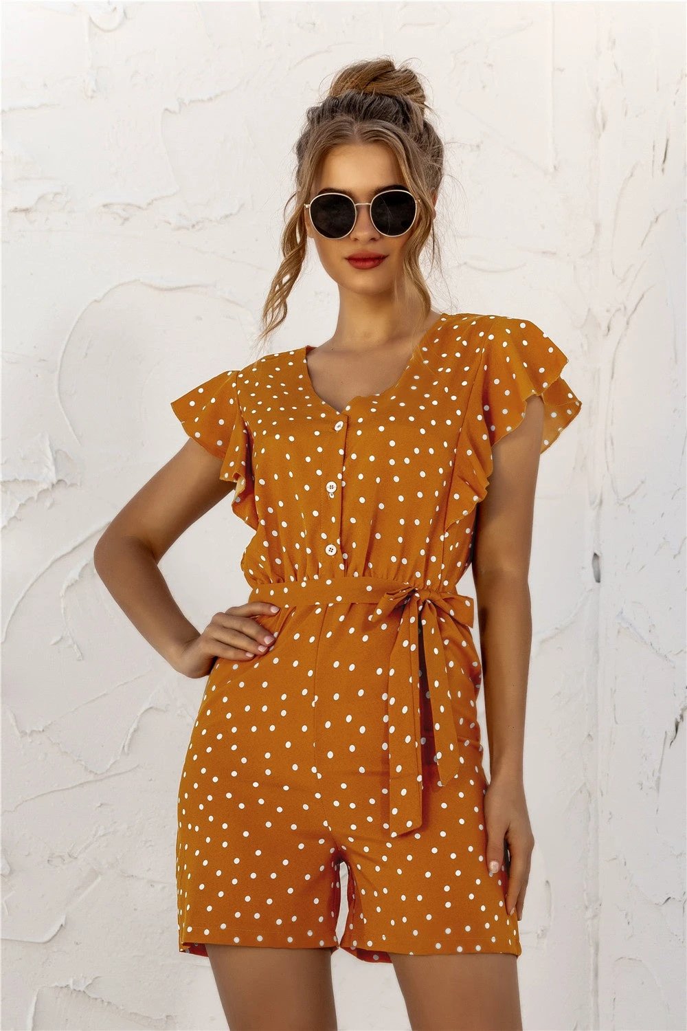 Ruffled Polka Dot Half Button Romper by Lady Ros