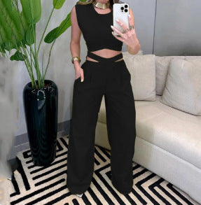 Backless Top Wide Leg Pants Yellow Set