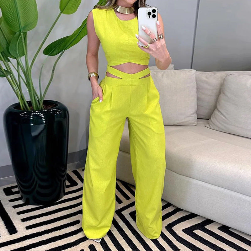 Backless Top Wide Leg Pants Yellow Set