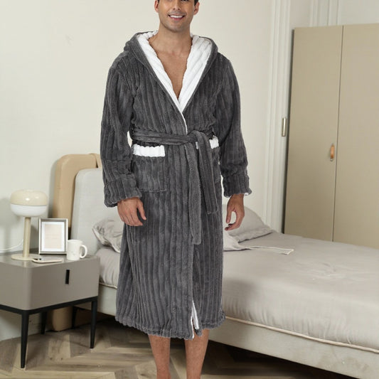 Men's Thick Flannel Long Hooded Bathrobe