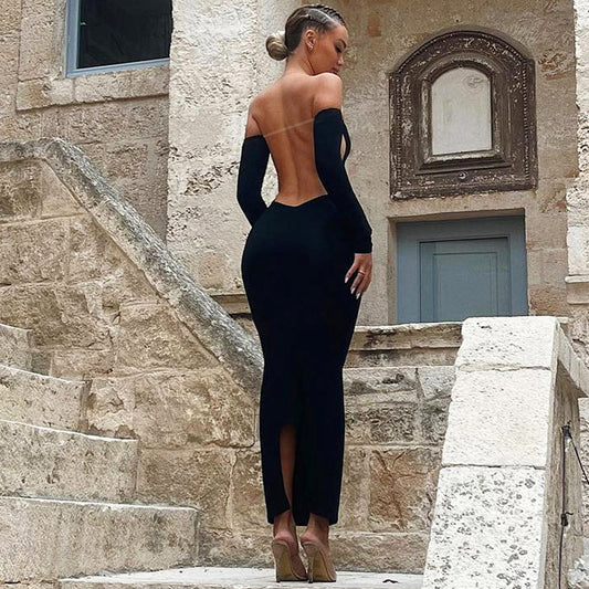 Solid Color Long Sleeve Tube Top Dress Backless