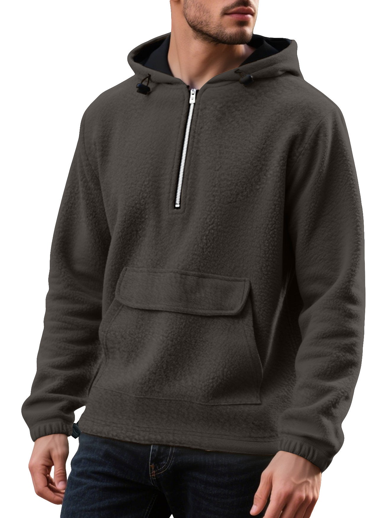 Men's Padded Fleece Solid Color Half Zip Hooded Pullover Sweater