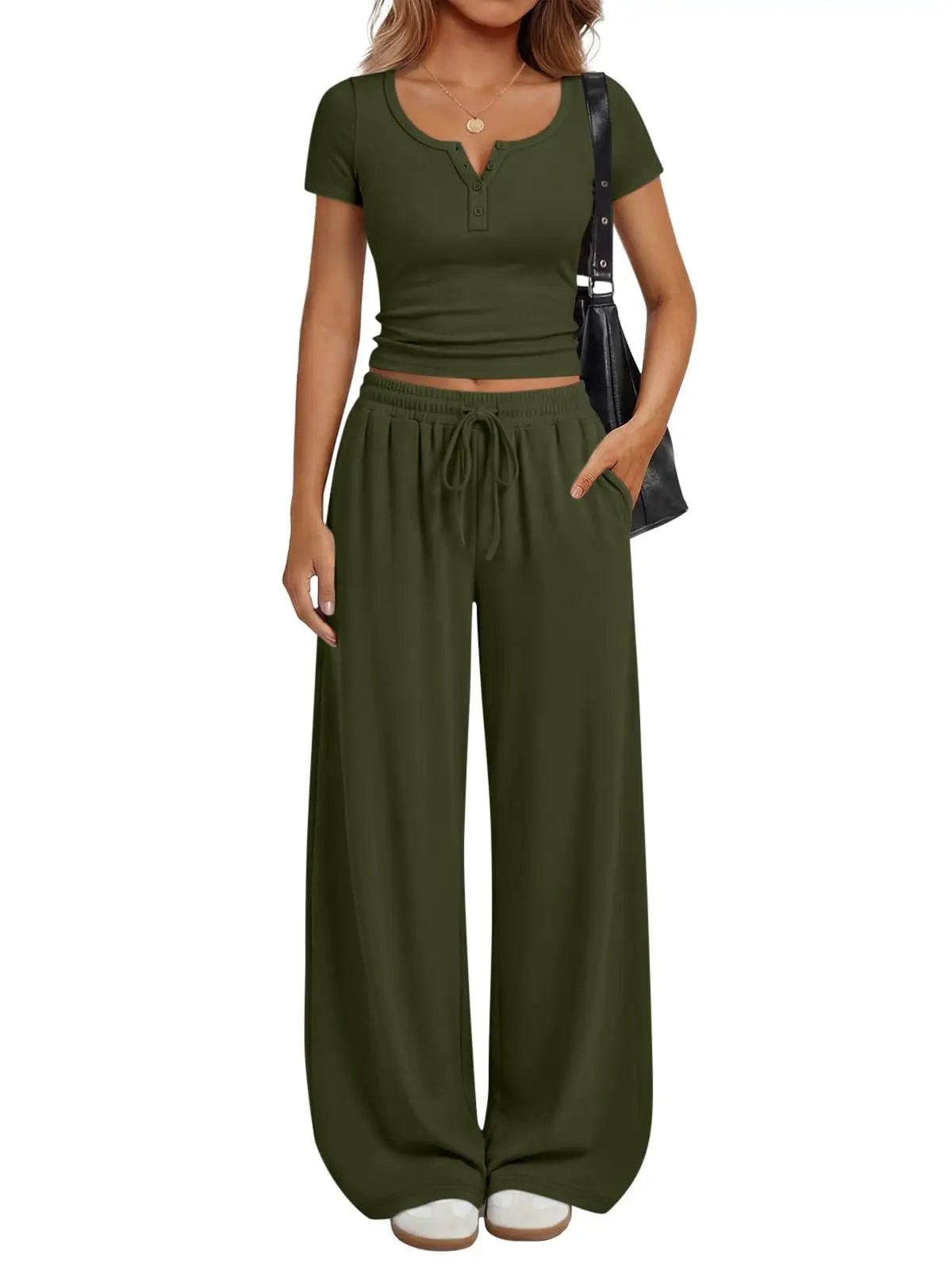 Women's Loungewear Short-Sleeve Top And Wide-Leg Pants Set by GJG Denim