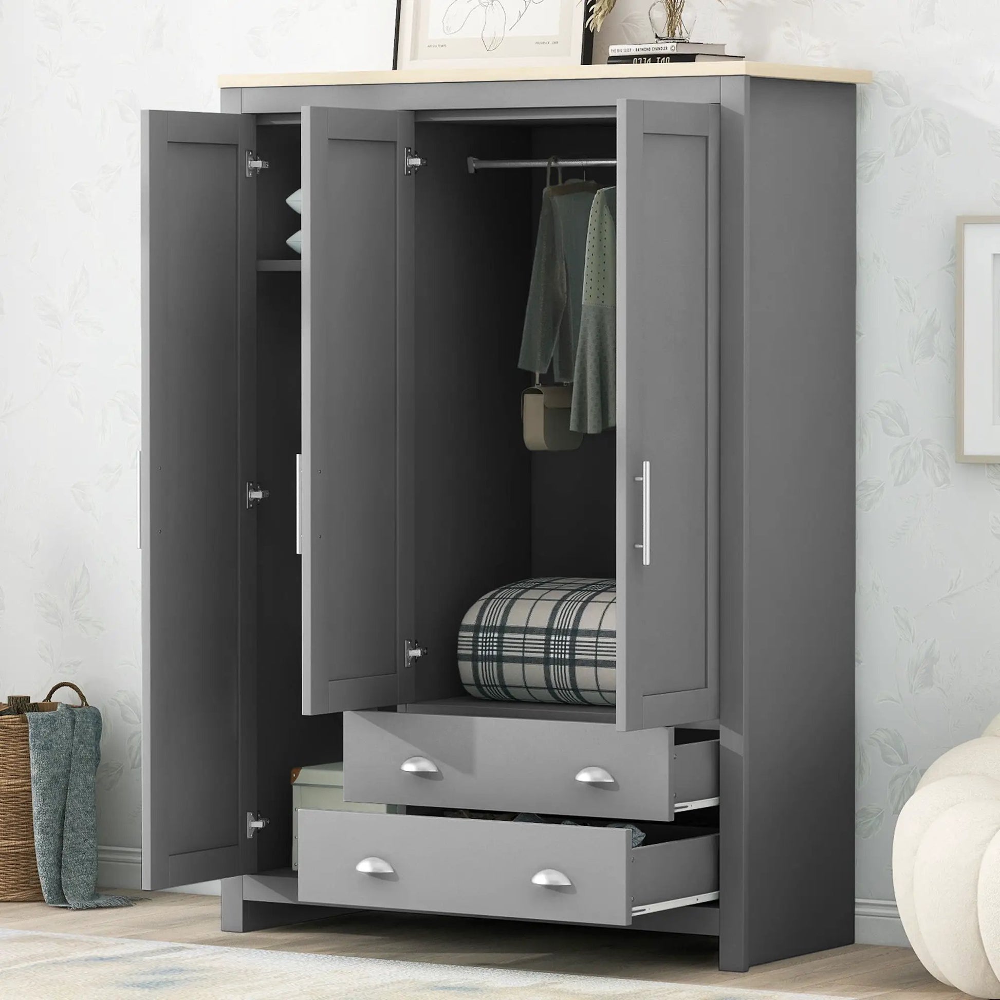 Three Door Storage Wardrobe With Cabinets And Two Hanging Rods,Gray by GJG Denim
