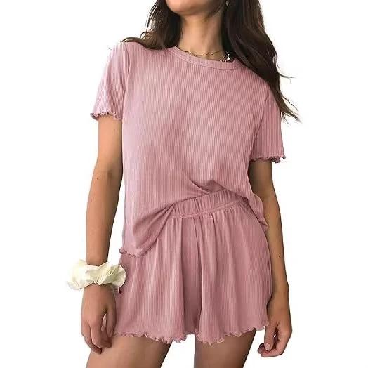 Relaxed Casual Cre Neck Short Sleeve Top And Shorts Set by GJG Denim