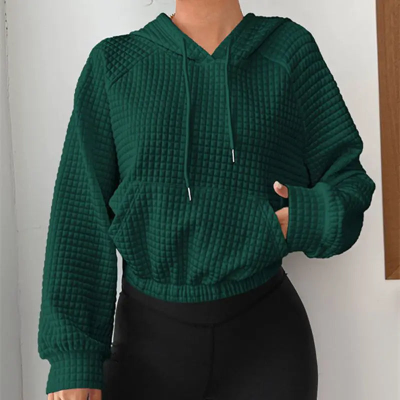 Women's Hooded Long-sleeved Patchwork Waffle Sweater by GJG Denim