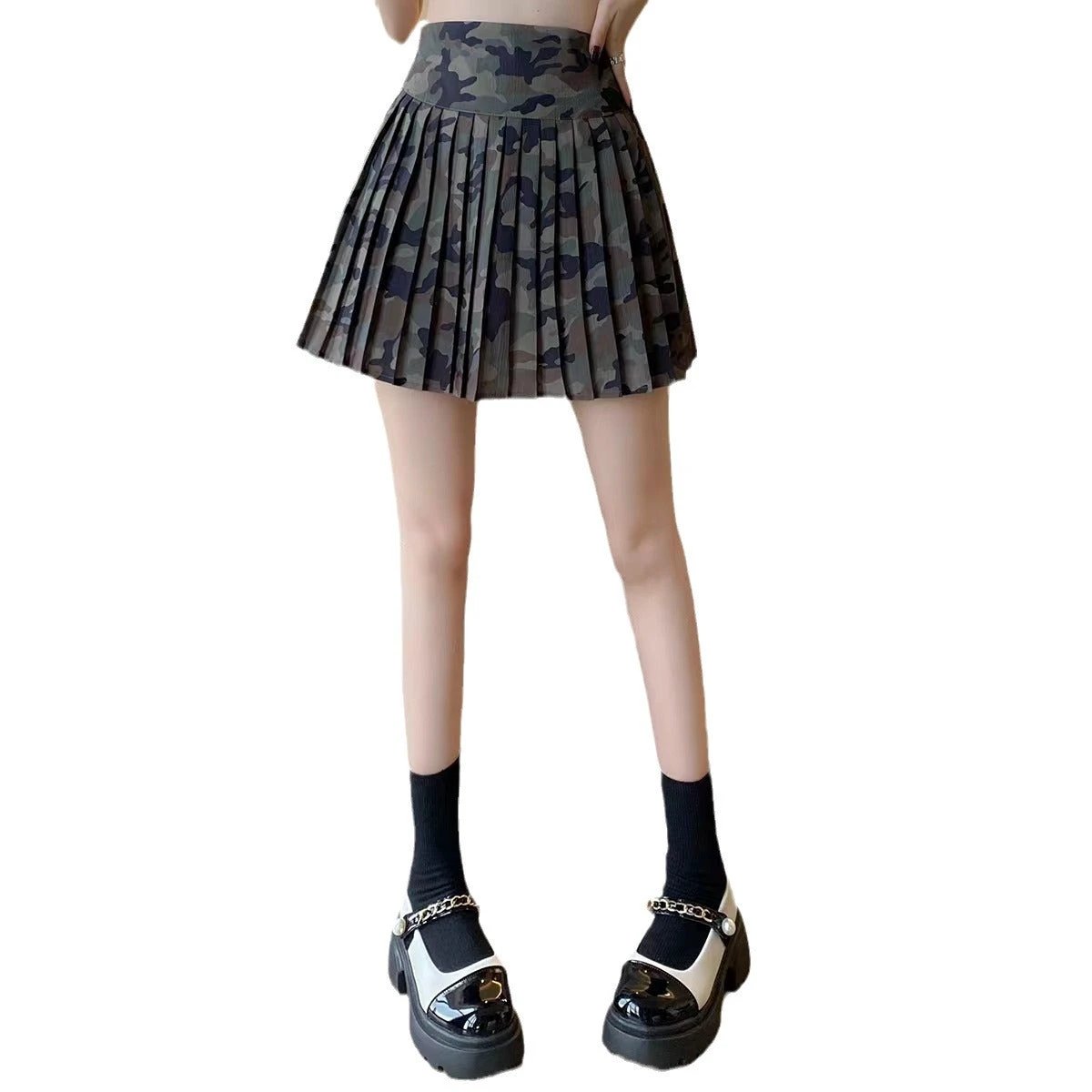 Camouflage All-Match Mid-Rise Pleated A-Line Skirt by GJG Denim