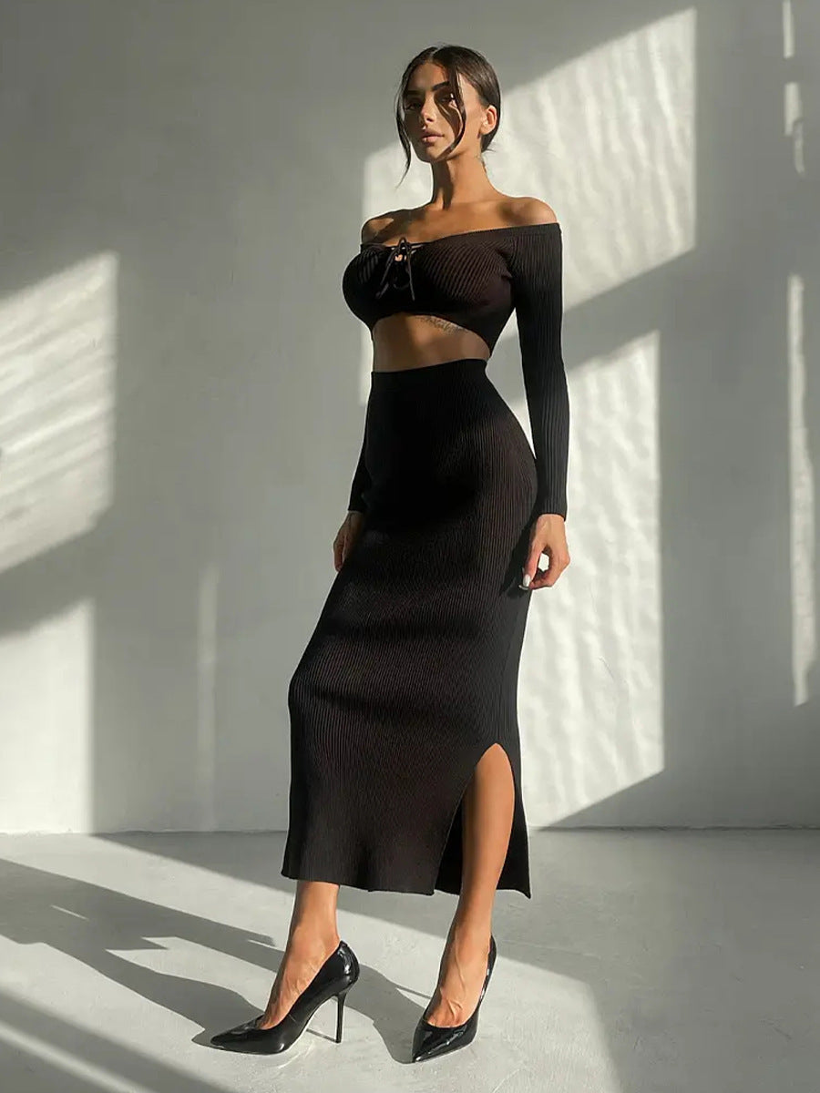 Autumn Winter Sexy Long Sleeve Sweater Dress Two-piece Set Skinny Knit