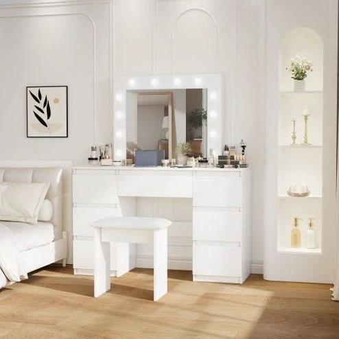 Large White Vanity Table With Mirror And Light by GJG Denim