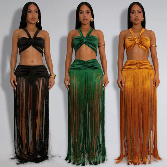 Sexy Shoulder Strap Top Tassel Skirt Two-piece Set