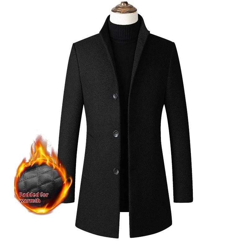 Single-breasted Stand Collar Cotton Padded Men's Woolen Trench Coat by GJG Denim