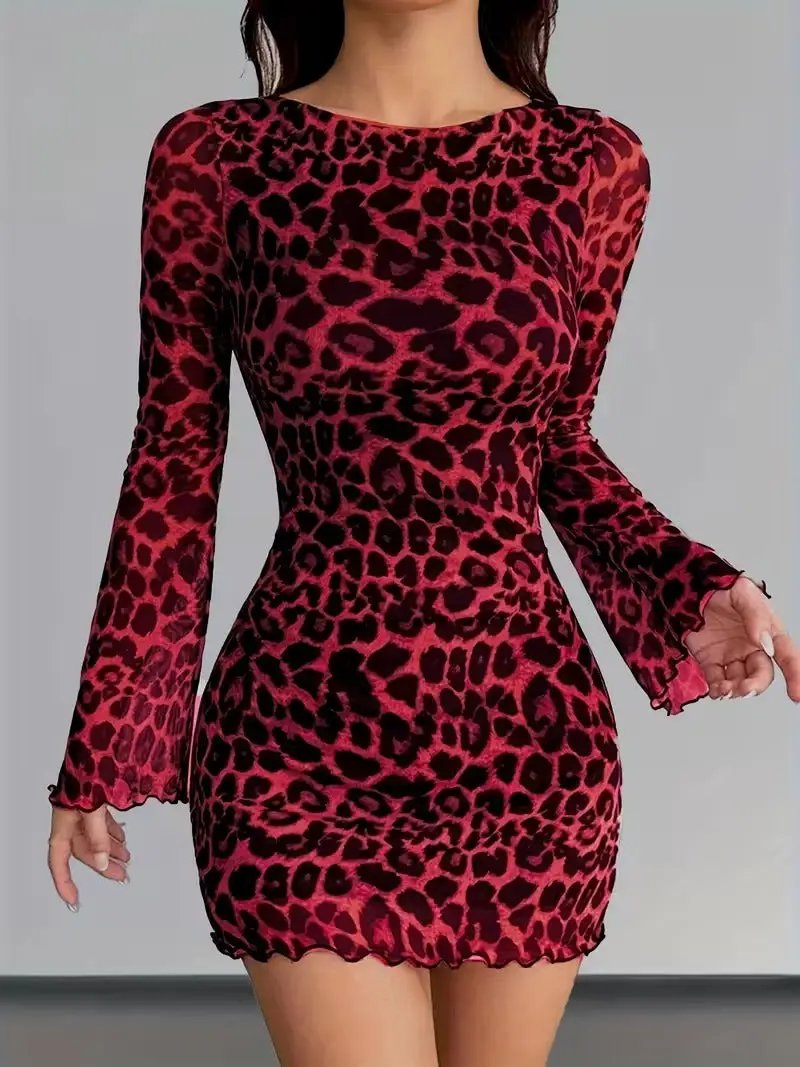 European And American Women's Clothing Leopard Print Round Neck Long-Sleeved Dress Elegant Mesh Short Skirt Vacation Seaside Dress by GJG Denim