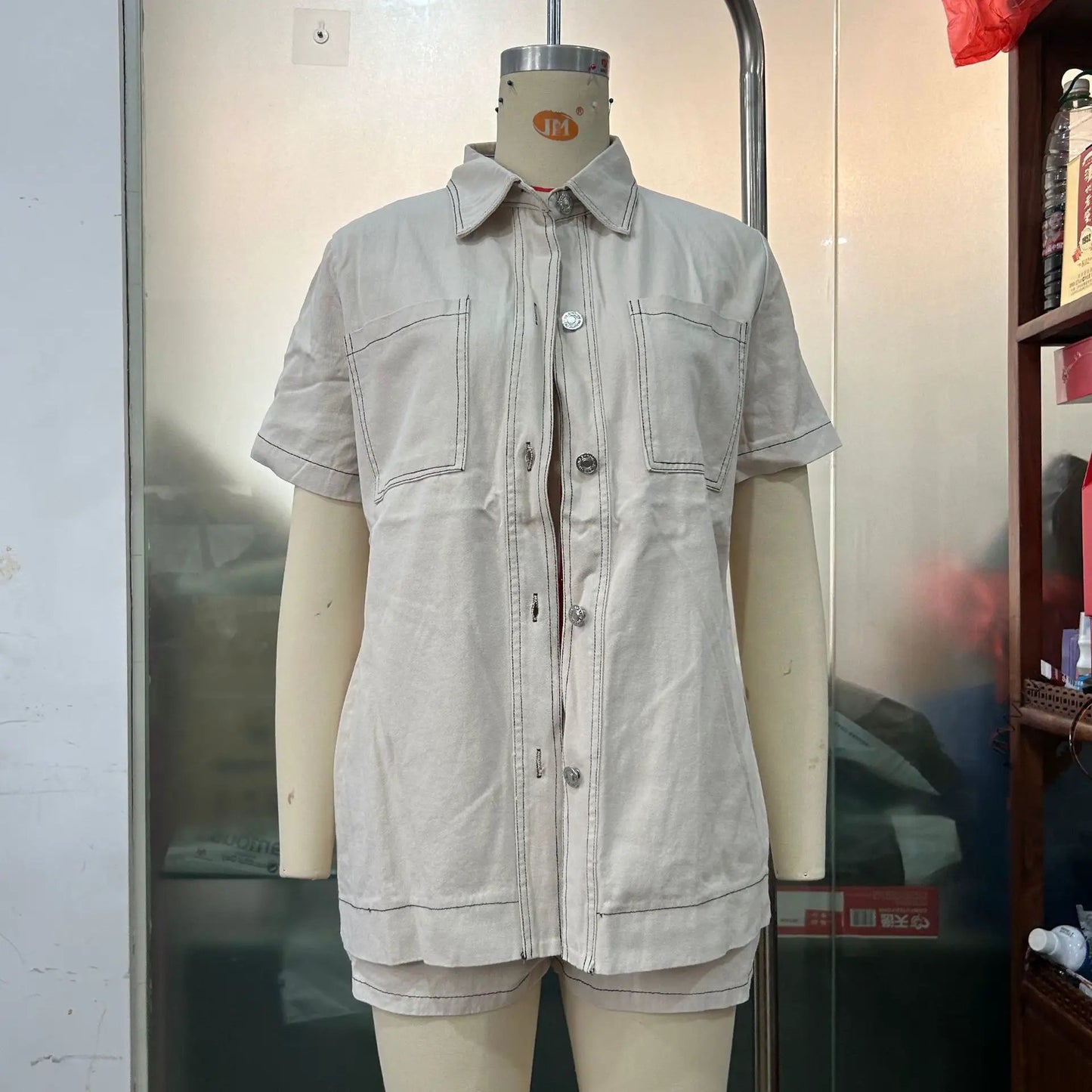 Retro Workwear Long Shirt And Shorts Two-Piece Set by GJG Denim