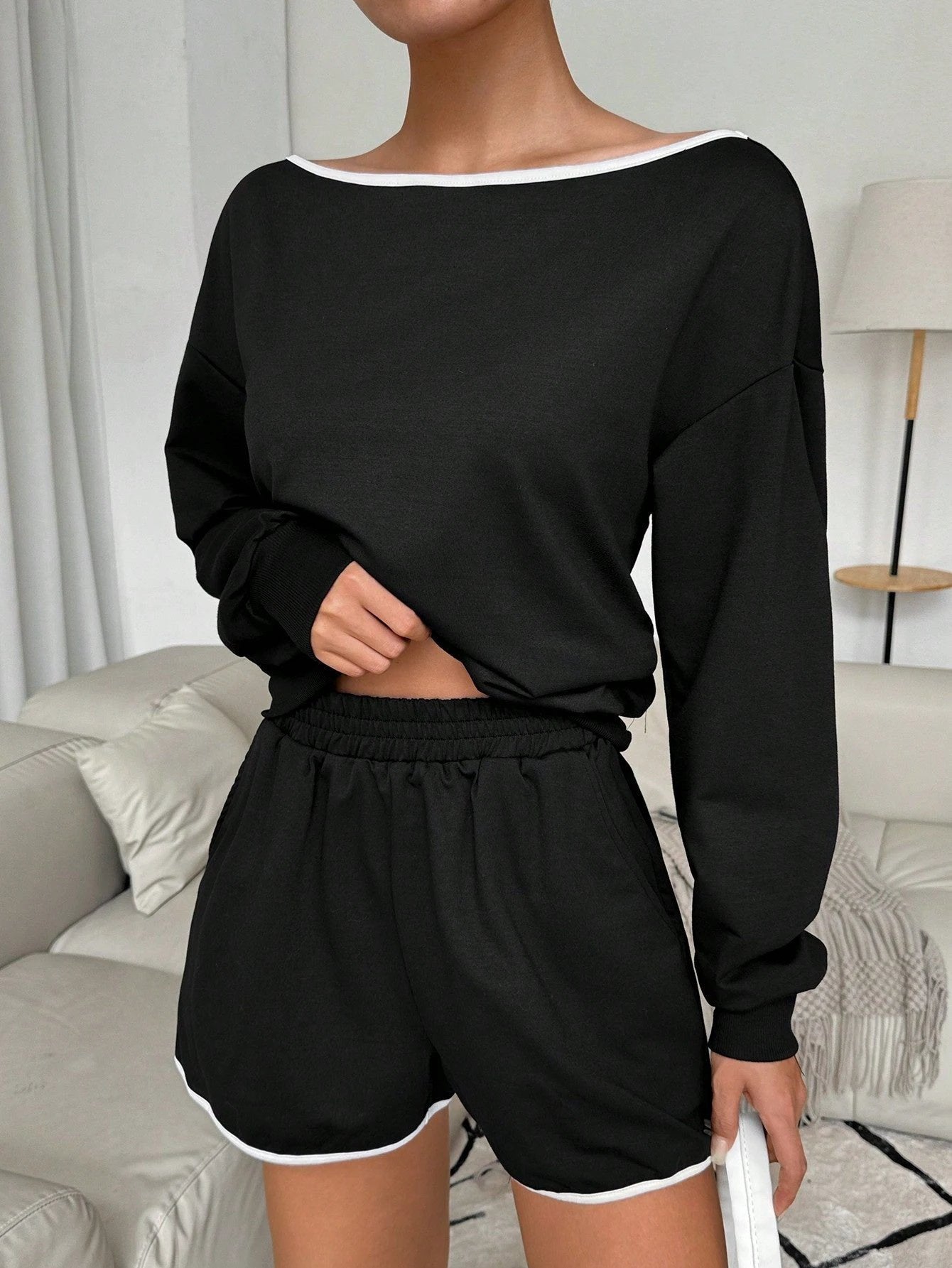 Womens Casual Off-shoulder Long-sleeve Shorts Set by GJG Denim