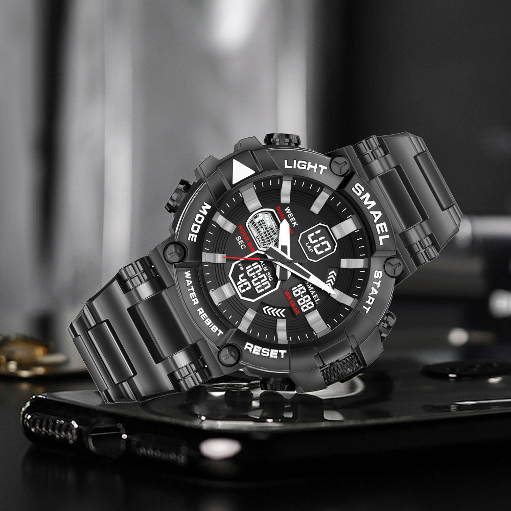 Men's Luminous Stainless Steel Alloy Double Display Electronic Watch