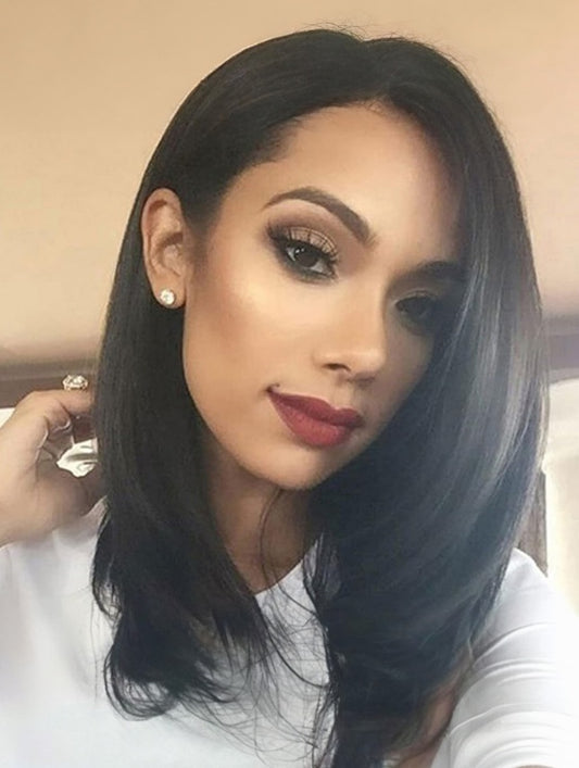 Shoulder-Length Layered Wigs With Bangs  14 Inch Peek-a-boo Color Black Mix Brown Mid-Length Wavy Wigs For Natural Black Women, Heat Resistant Synthetic Hair Replacement Wigs  14 Inch, 6