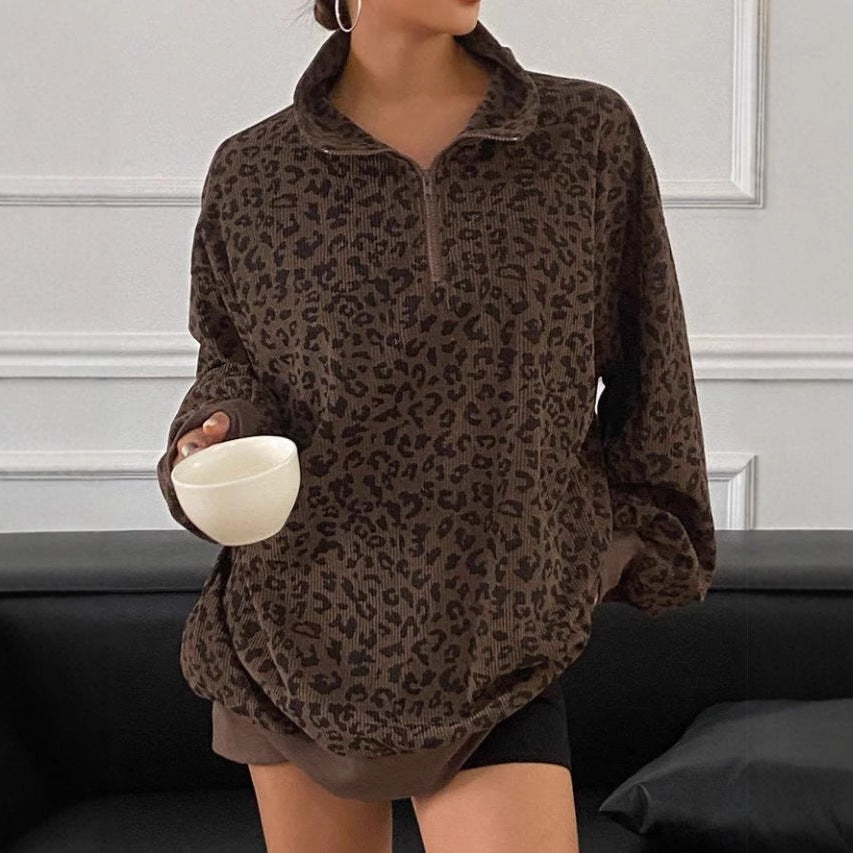 Casual Leopard Print Pattern Corduroy Zipper Sweater