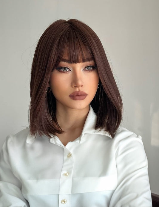 Shoulder-Length Layered Wigs With Bangs  14 Inch Peek-a-boo Color Black Mix Brown Mid-Length Wavy Wigs For Natural Black Women, Heat Resistant Synthetic Hair Replacement Wigs  14 Inch, 6