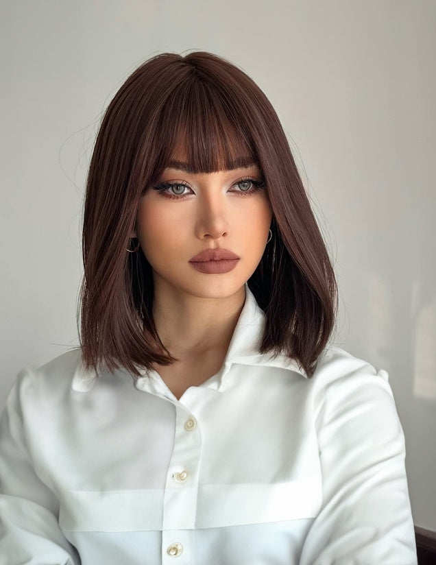 Shoulder-Length Layered Wigs With Bangs  14 Inch Peek-a-boo Color Black Mix Brown Mid-Length Wavy Wigs For Natural Black Women, Heat Resistant Synthetic Hair Replacement Wigs  14 Inch, 6
