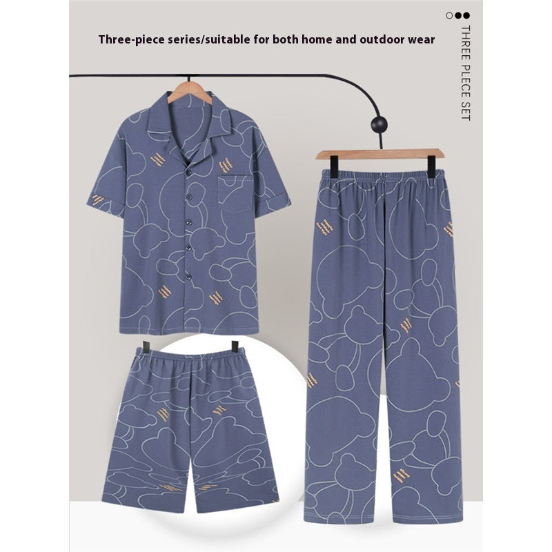 Men's Pajamas Cotton Short Sleeve Trousers Three-piece Set