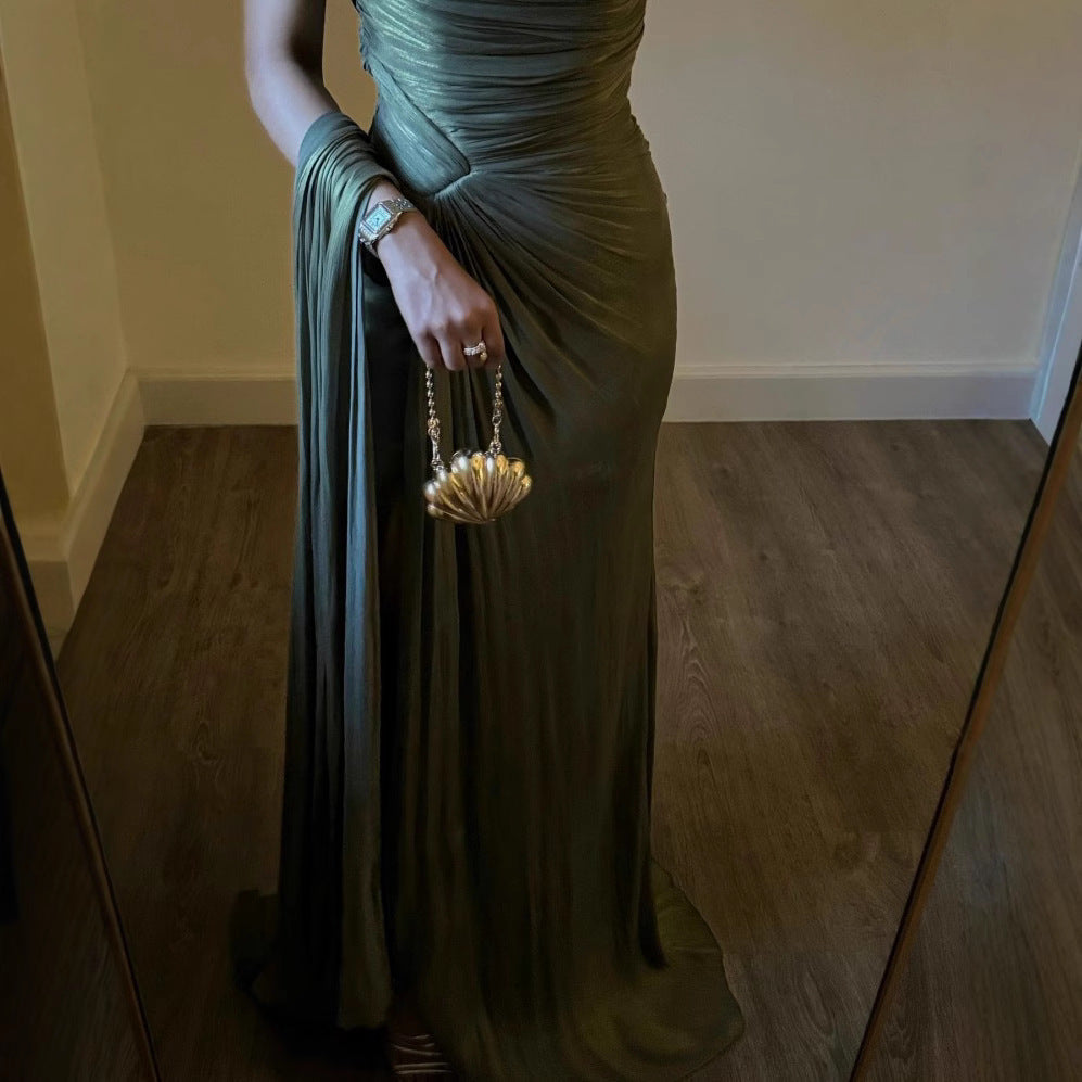 Pleated Ribbon Shiny Evening Dress