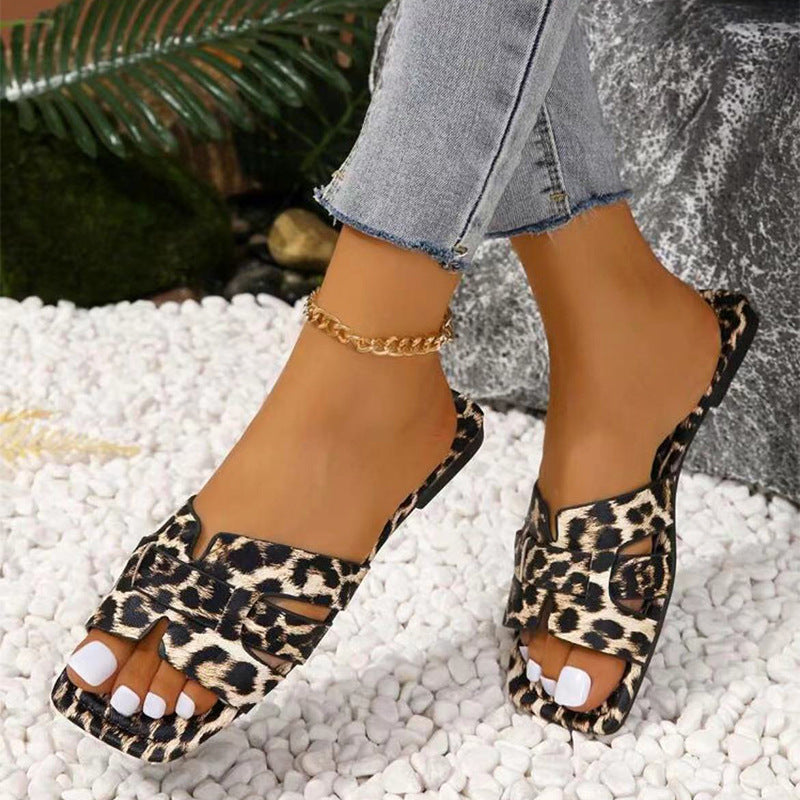 Leopard Print Square Toe Casual  Sandals