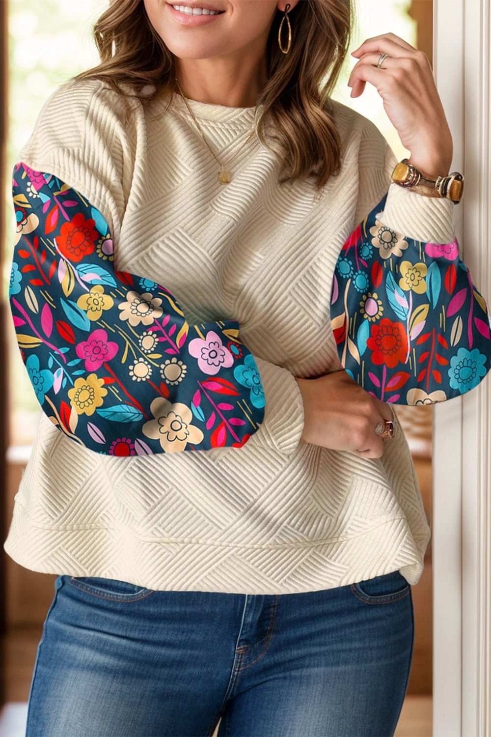 Plus Size Texture Printed Round Neck Long Sleeve Blouse by Lady Ros