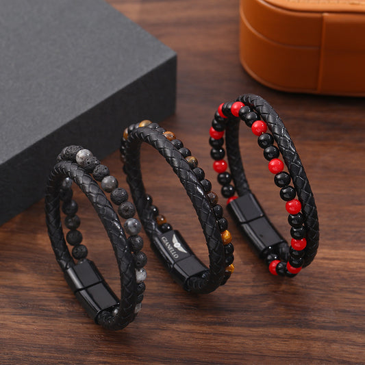 Men's Hand-woven Natural Tigereye Leather Beaded Bracelet