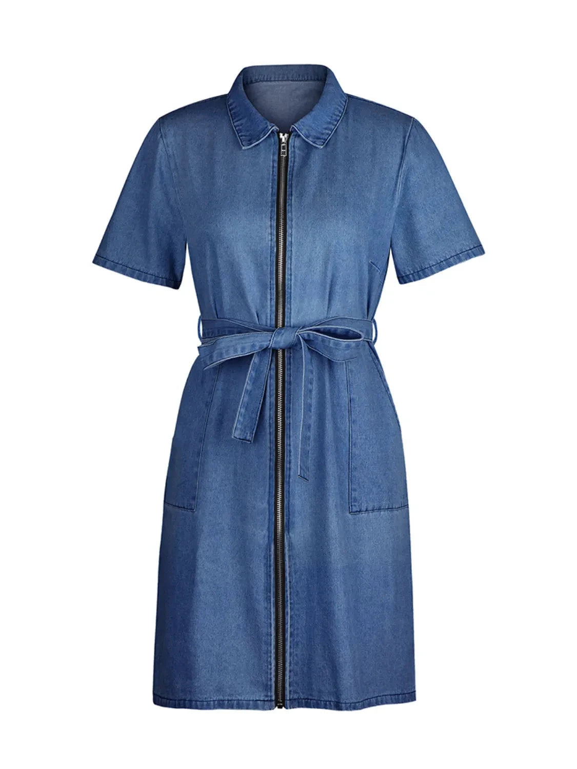 Full Size Zip Front Short Sleeve Denim Dress Plus Size by Lady Ros