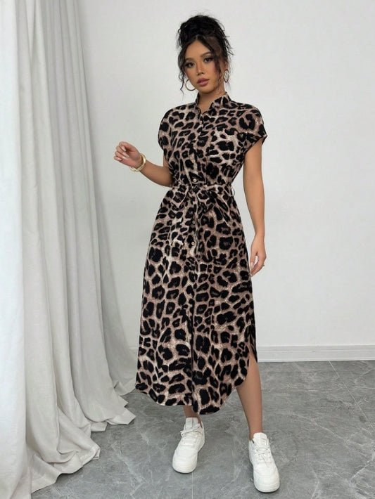 Leopard Print Front Button Shirt Belt Bow Shirt For Women