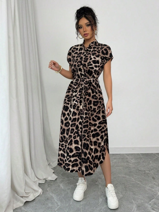 Leopard Print Front Button Shirt Belt Bow Shirt For Women