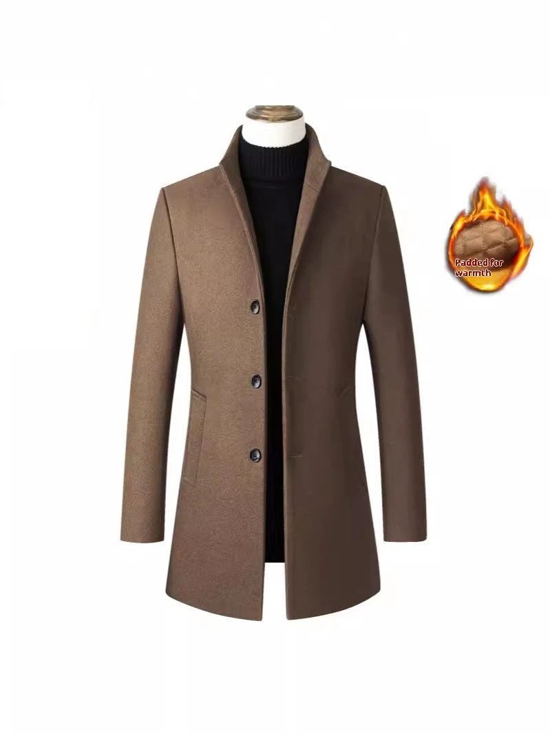 Single-breasted Stand Collar Cotton Padded Men's Woolen Trench Coat by GJG Denim