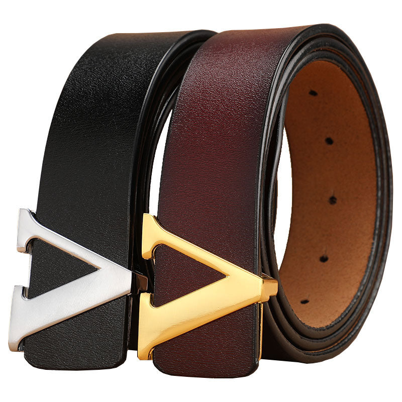Men's  Retro Smooth Genuine Leather Pure Cowhide Letter V Belts