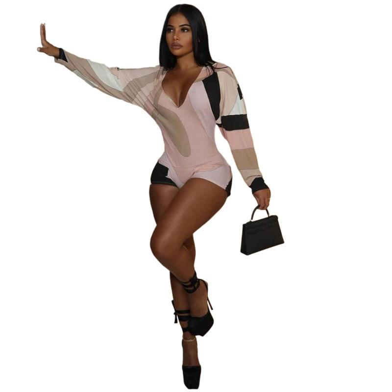 Deep V-neck Fashionable Long-sleeved Color-blocked Sexy Romper by GJG Denim