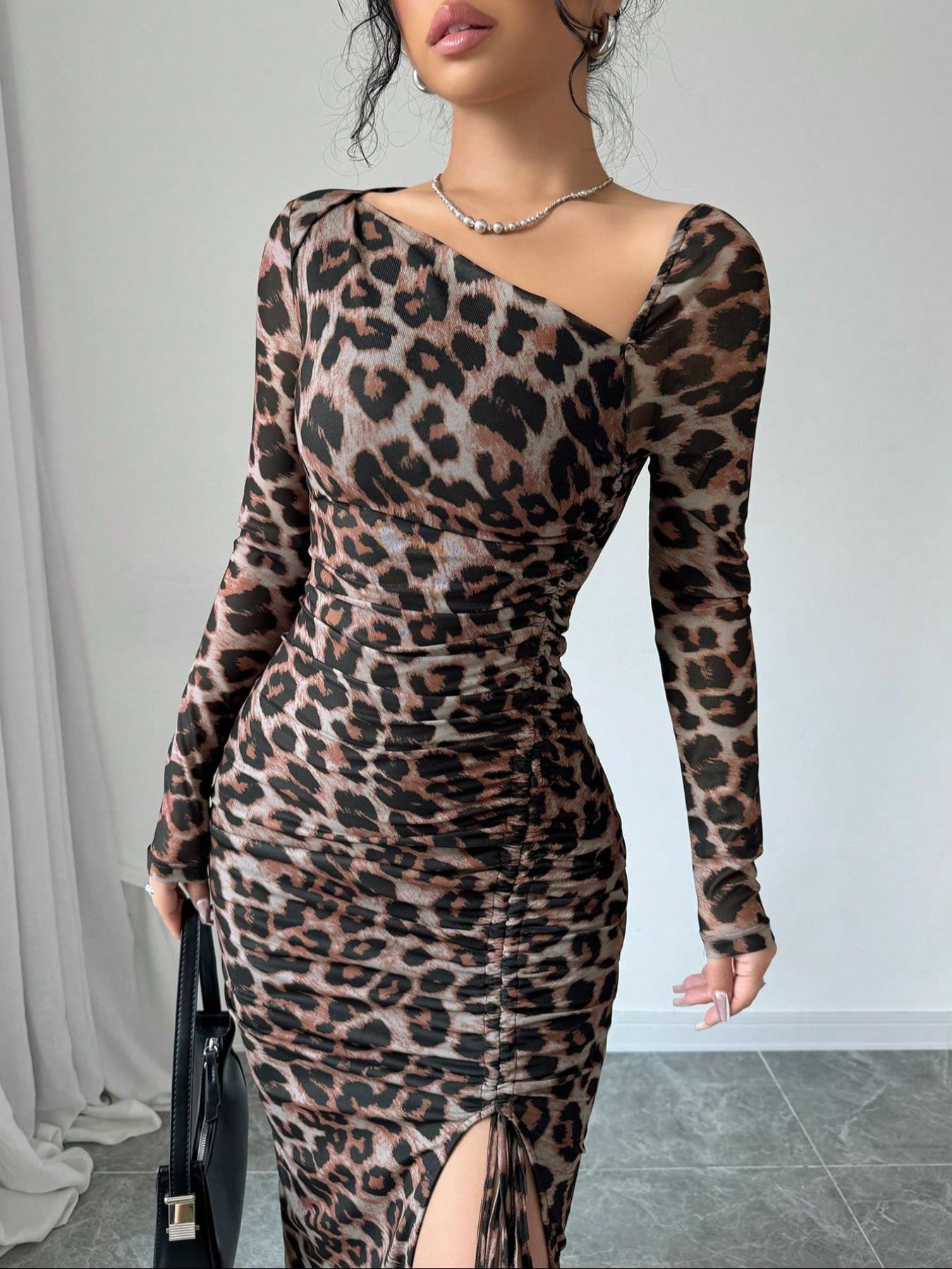 New Women's irregular V-Neck Long Sleeve Sexy Leopard Print Dress