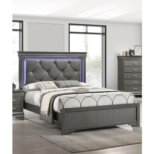 Dark Gray Faux Leather Tufted Headboard 1pc Queen Size Bed W LED Bedroom Furniture Gray Unique Texture FB Solid Wood by GJG Denim