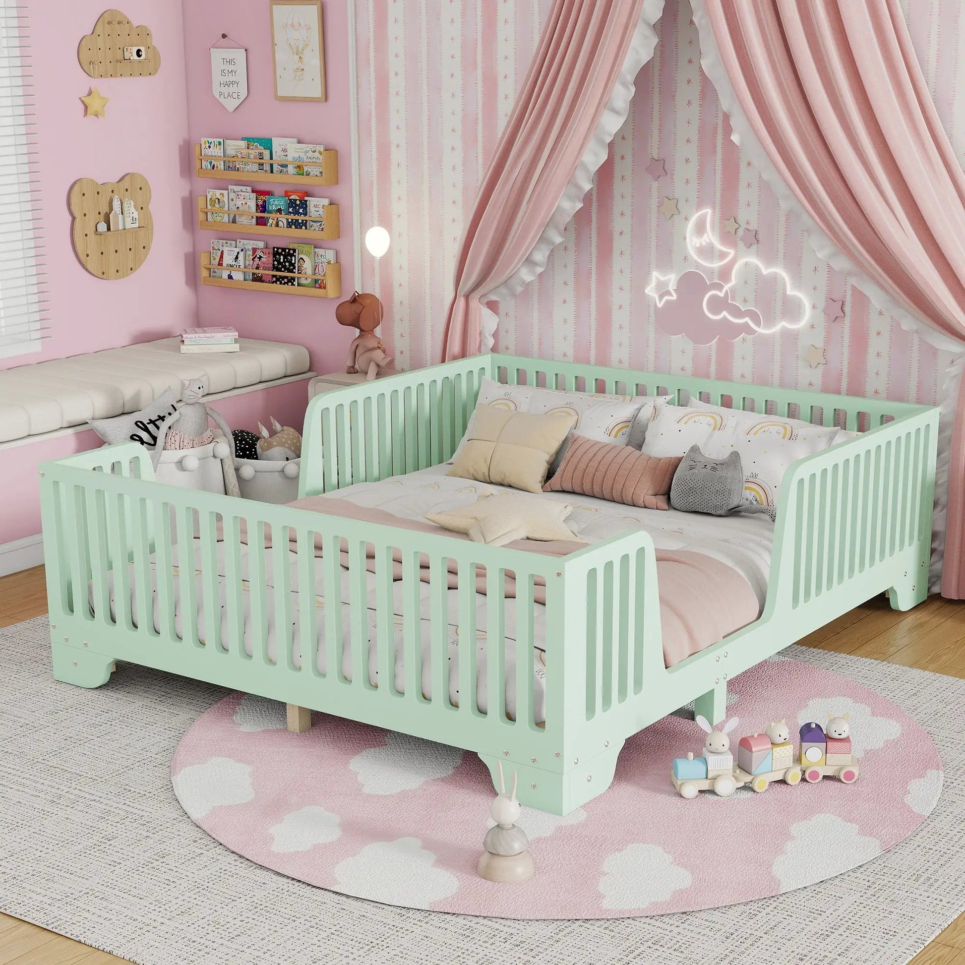 Full Floor Bed With Slats And Fence, Full Size Montessori Floor Beds With Door, No Box Spring Needed, Mint Green by GJG Denim