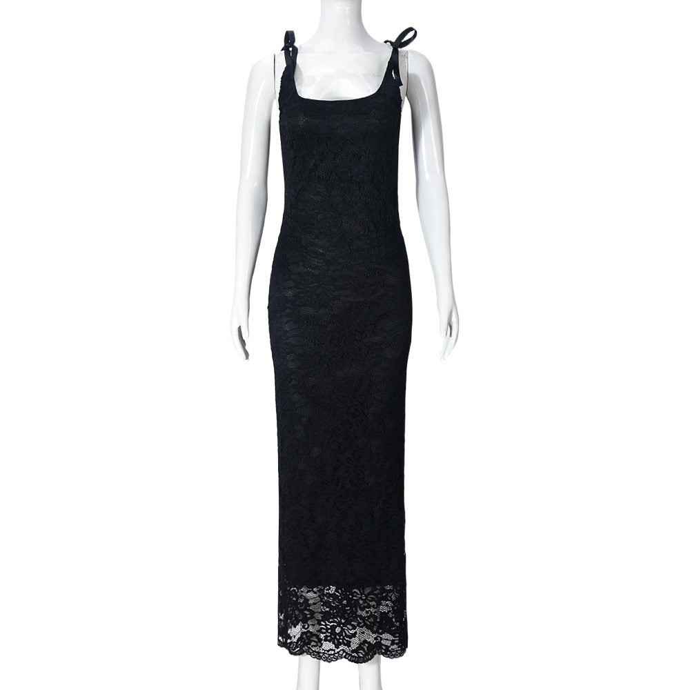 Lace Bow Sexy Backless Lace Double Layer Length Dress