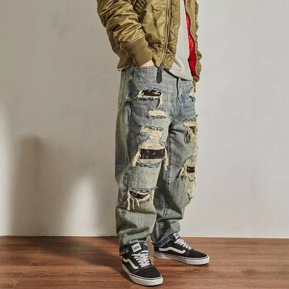 Men's Loose Straight Tapered Distressed Broken Holes Jeans