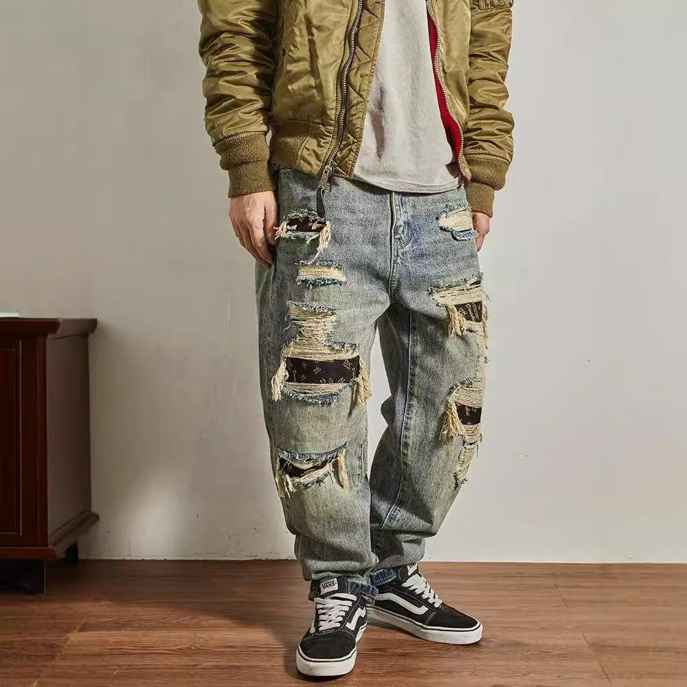 Men's Loose Straight Tapered Distressed Broken Holes Jeans
