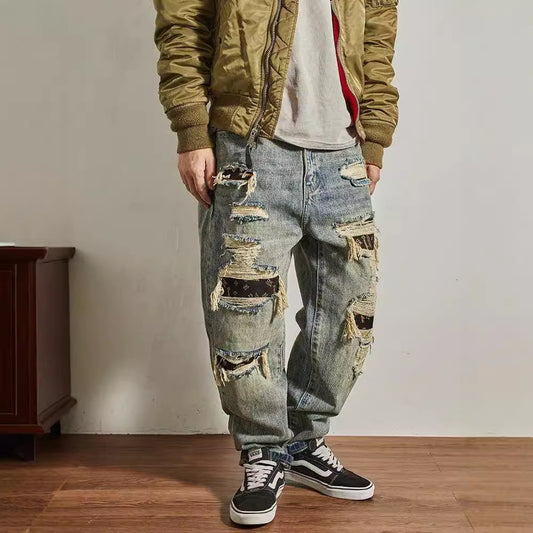 Men's Loose Straight Tapered Distressed Broken Holes Jeans