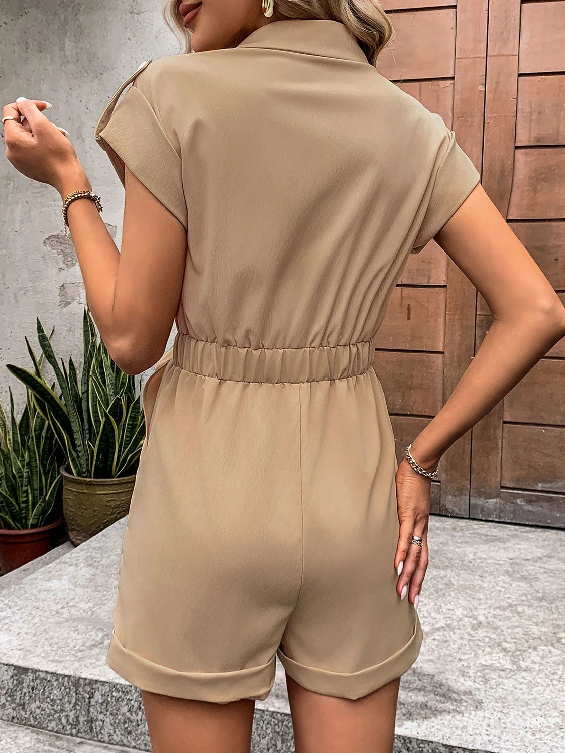 Collared Neck Tie Waist Romper with Pockets by Lady Ros