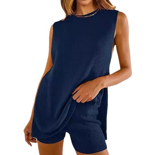 Summer Loose-fitting Casual Round-neck Vest Shorts Knitting Suit Women