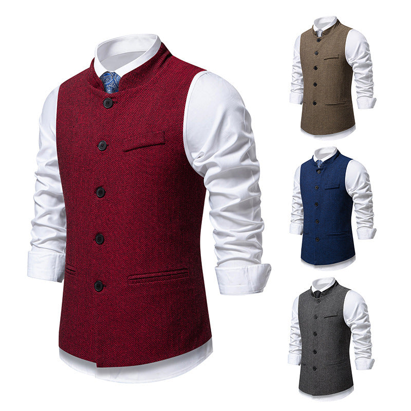 Men's Retro Stand Collar Herringbone Solid Color Suit Vest