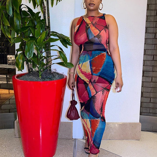 Women's Fashion Printed Sleeveless Hip Wrap Dress